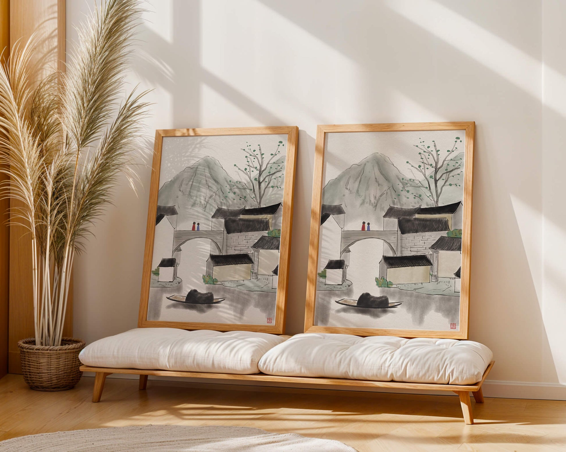 Pintura de tinta de un tranquilo pueblo montañoso con puente y barco