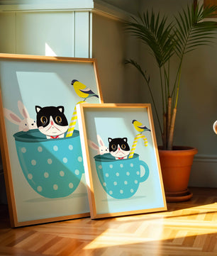 Playful illustration of cat, rabbit, and bird in a teacup
