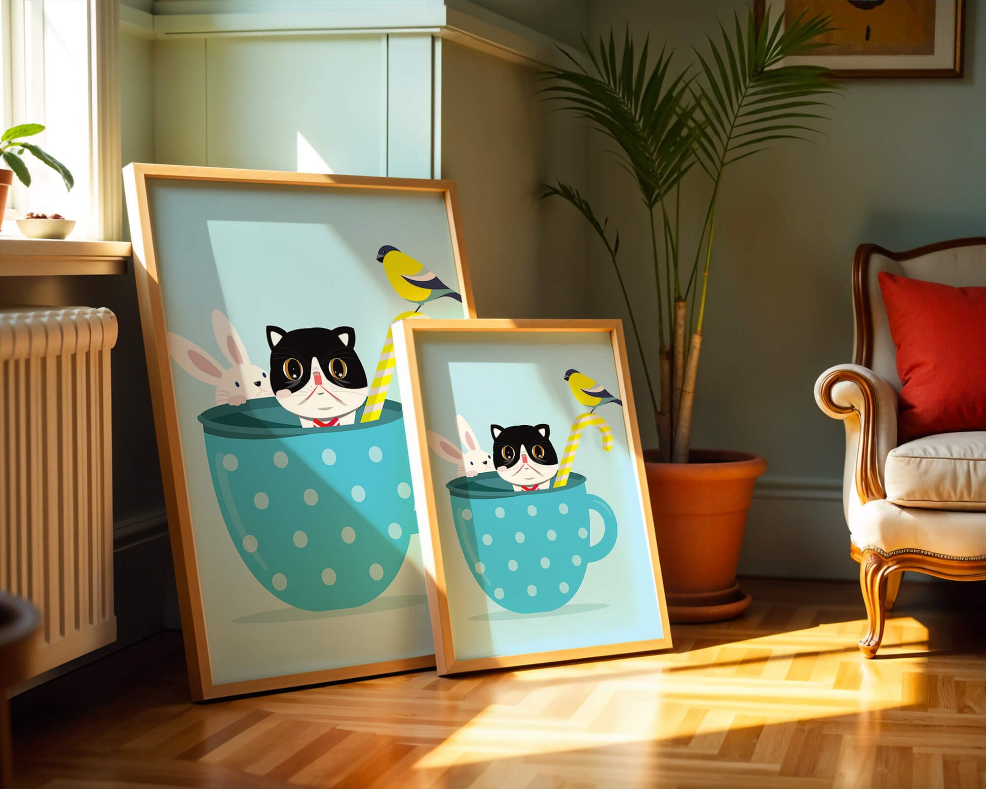 Ilustración lúdica de un gato, un conejo y un pájaro en una taza de té.