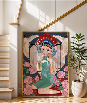 Chica anime elegante con atuendo tradicional y detalles florales y de grulla