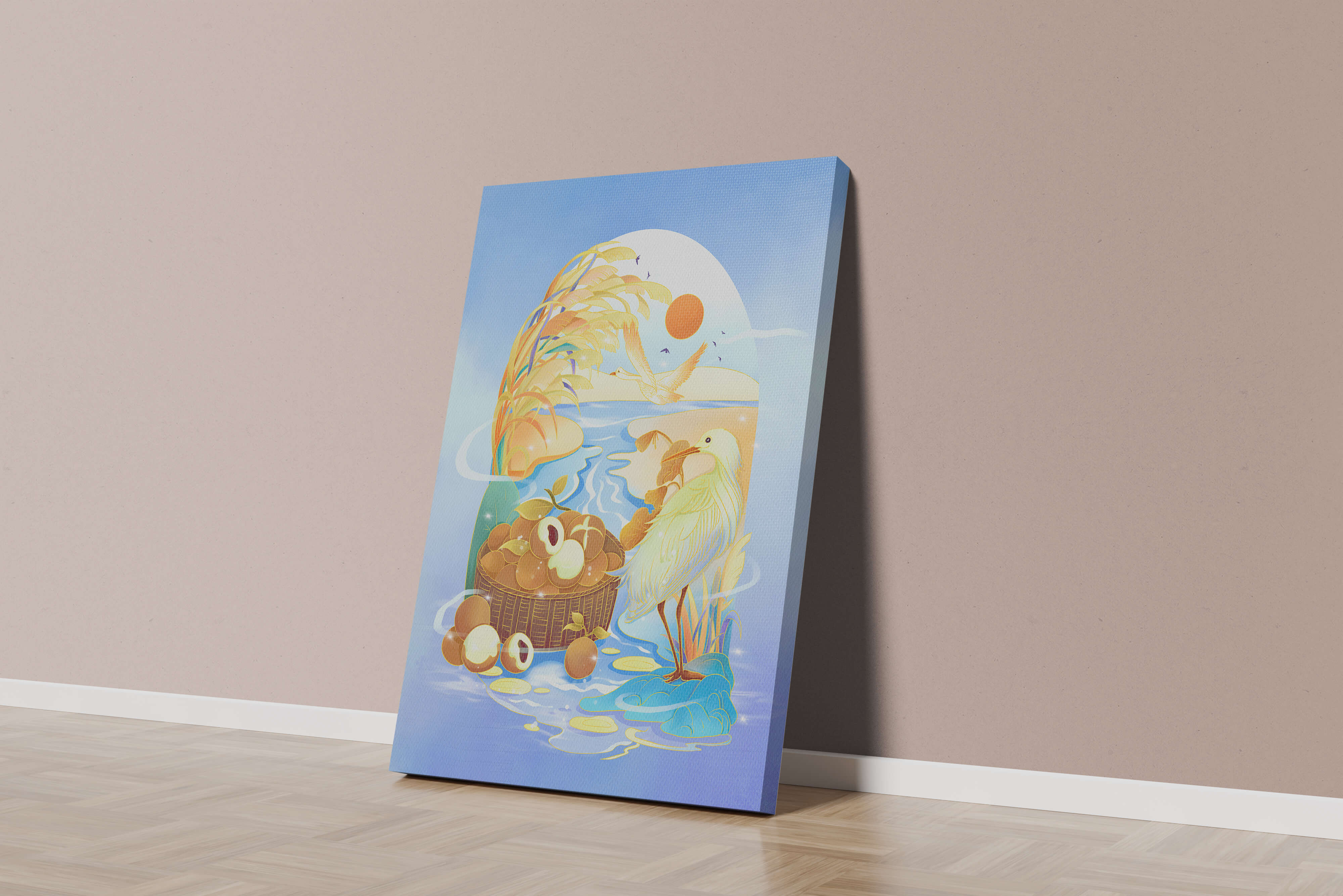 Serene landscape with a bird, fruit basket, and golden reeds under a bright sun