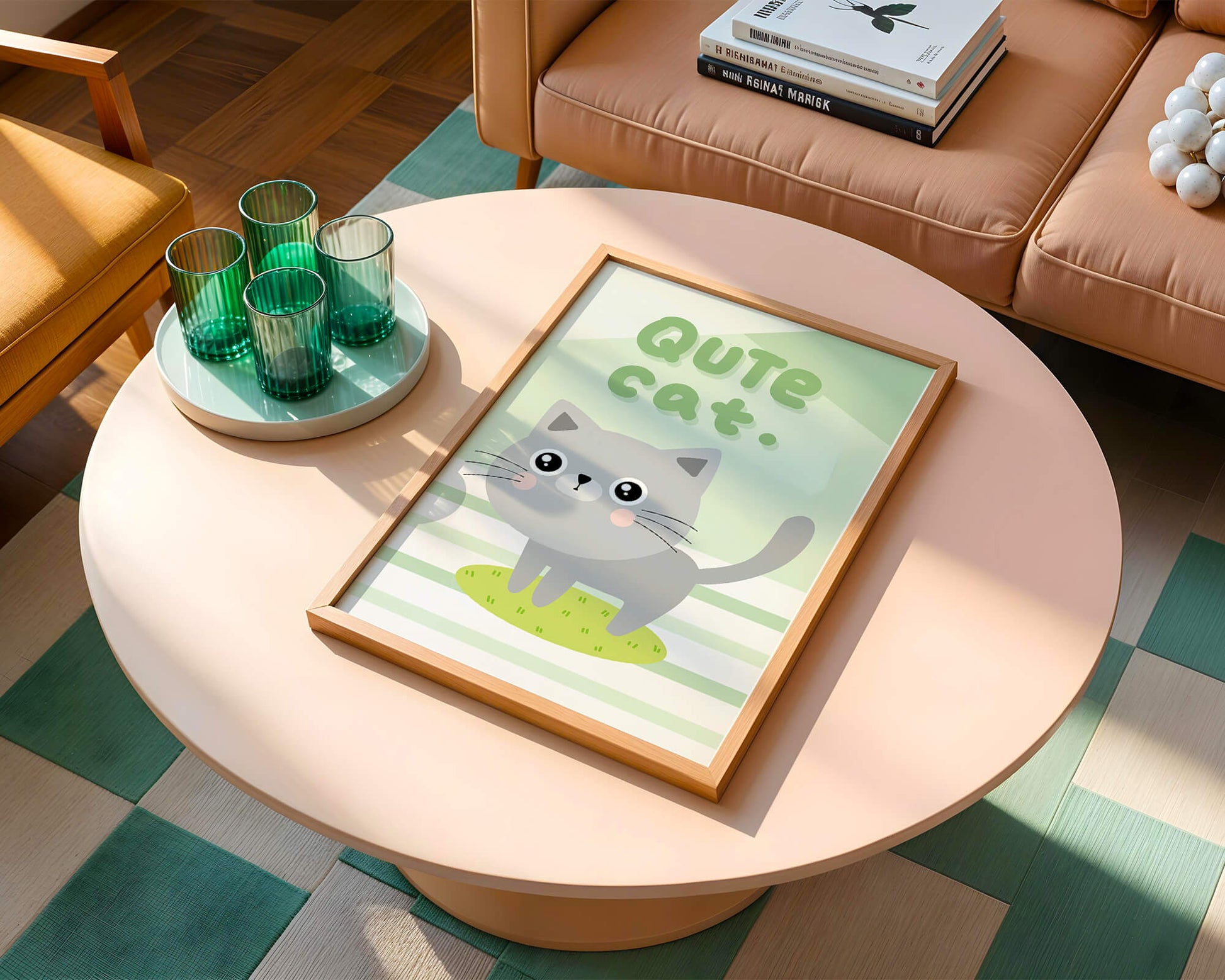 Adorable cartoon cat illustration on pastel background