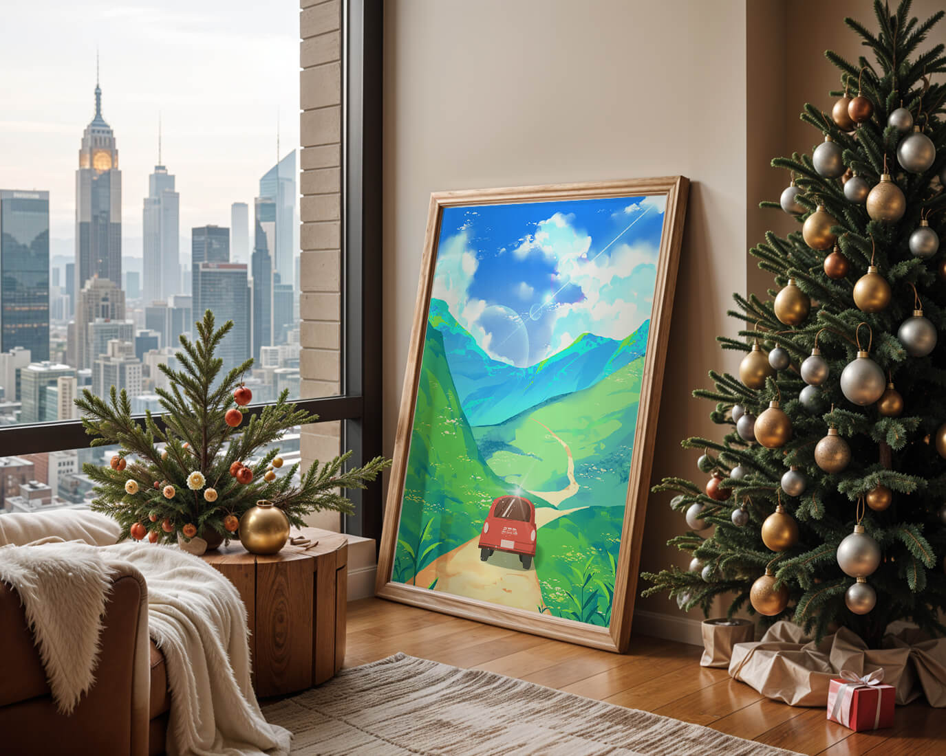 Red Car on a Scenic Road Through Green Hills Under a Vibrant Blue Sky