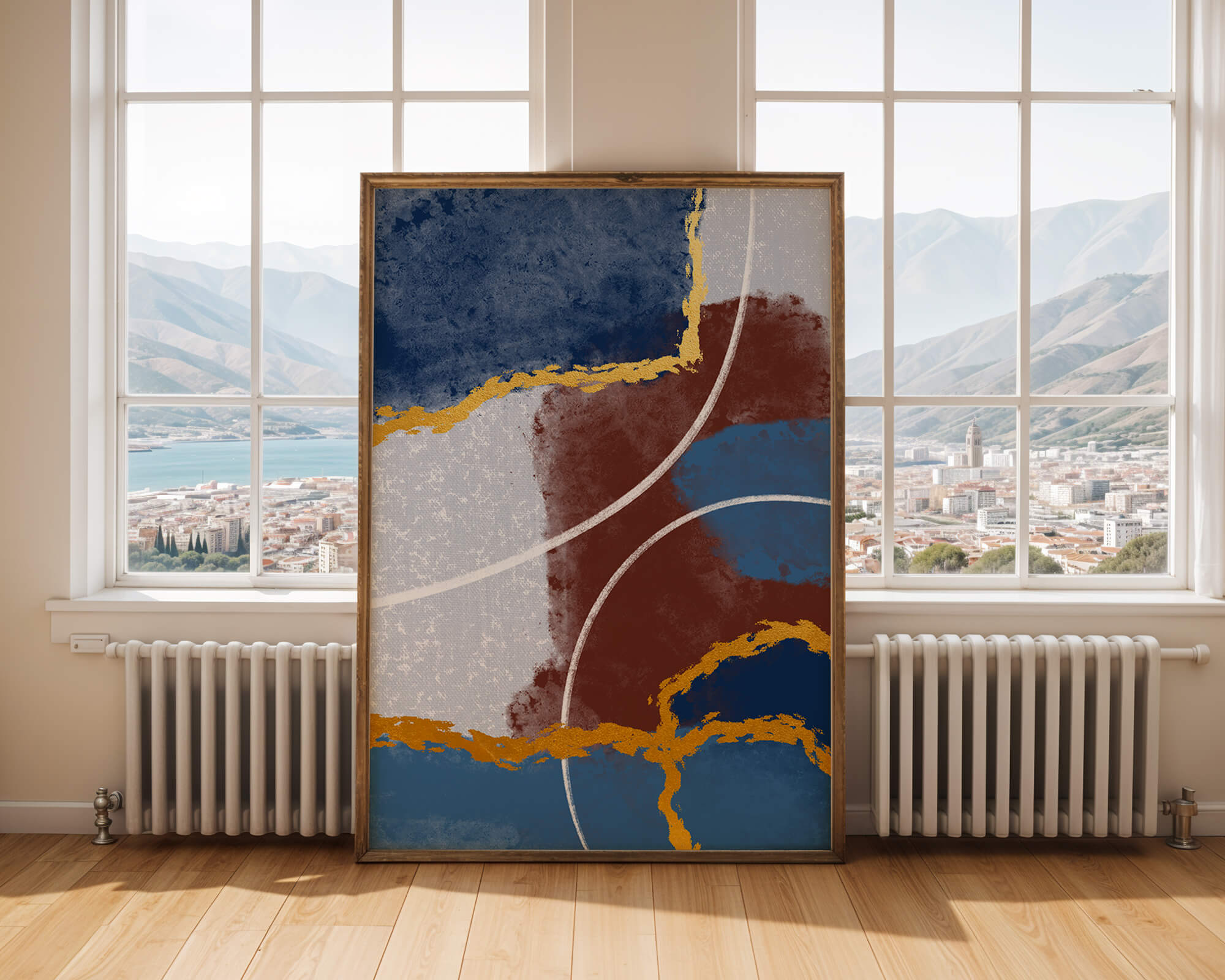 Abstract painting with gold accents and geometric elements