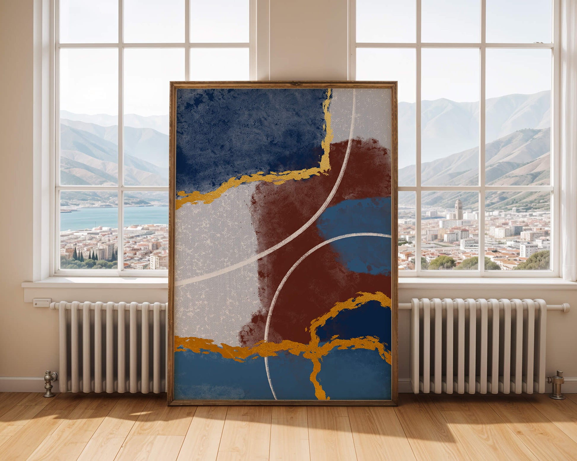 Abstract painting with gold accents and geometric elements