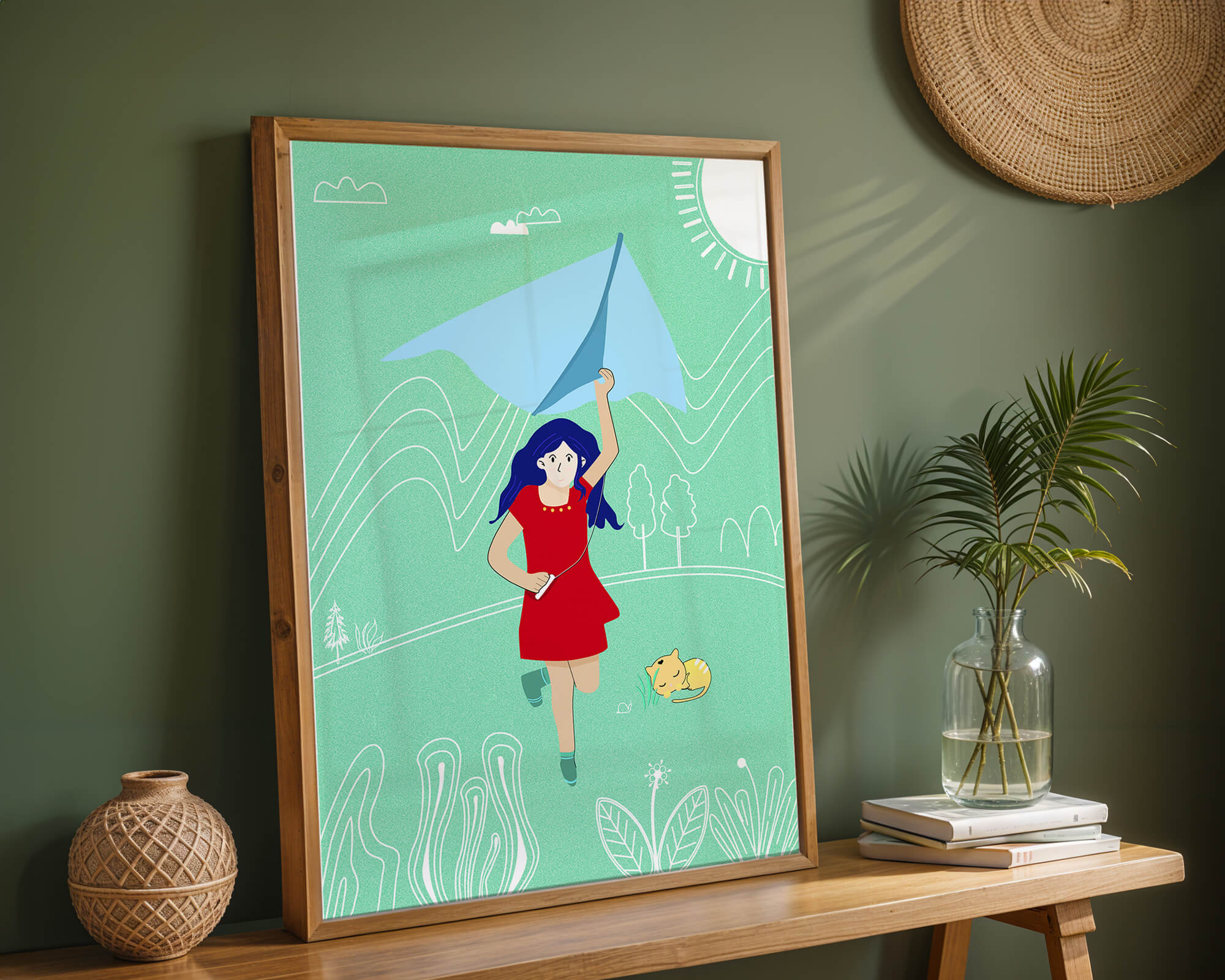 Illustration of a girl with a kite in a whimsical landscape