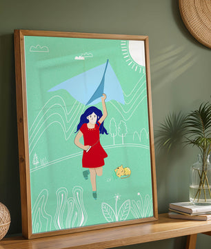 Illustration d'une fille avec un cerf-volant dans un paysage fantaisiste