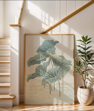 Elegant botanical illustration featuring large leaves with golden accents