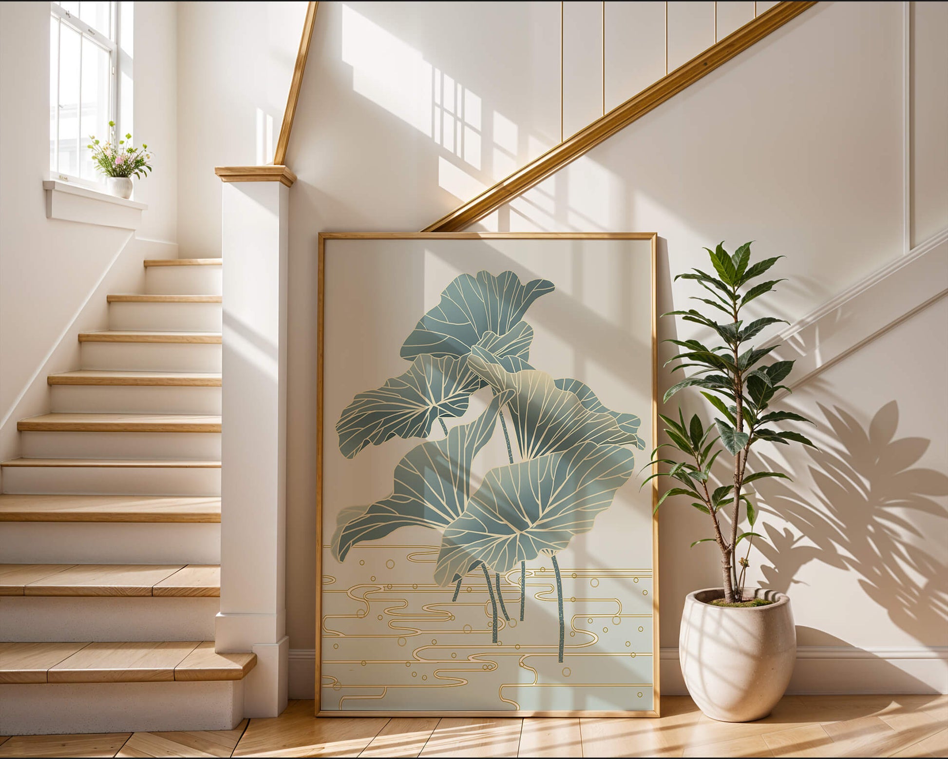 Elegant botanical illustration featuring large leaves with golden accents