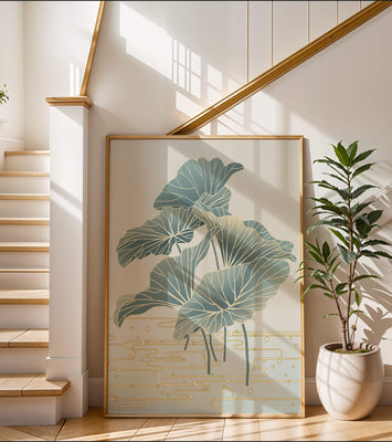 Elegant botanical illustration featuring large leaves with golden accents