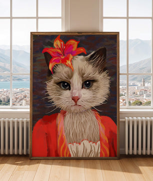 Retrato de gato con acentos de flores vibrantes y atuendo colorido