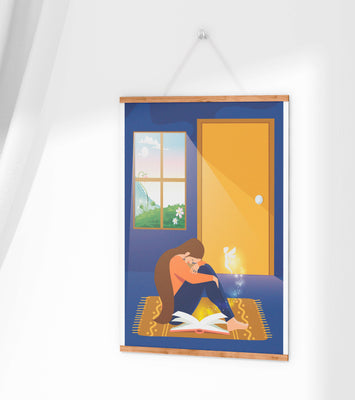 Woman sitting with an open magical book and a fairy in a room