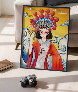 Eine elegante Darstellung asiatischer Kunst mit traditioneller Kleidung und kunstvollem Kopfschmuck