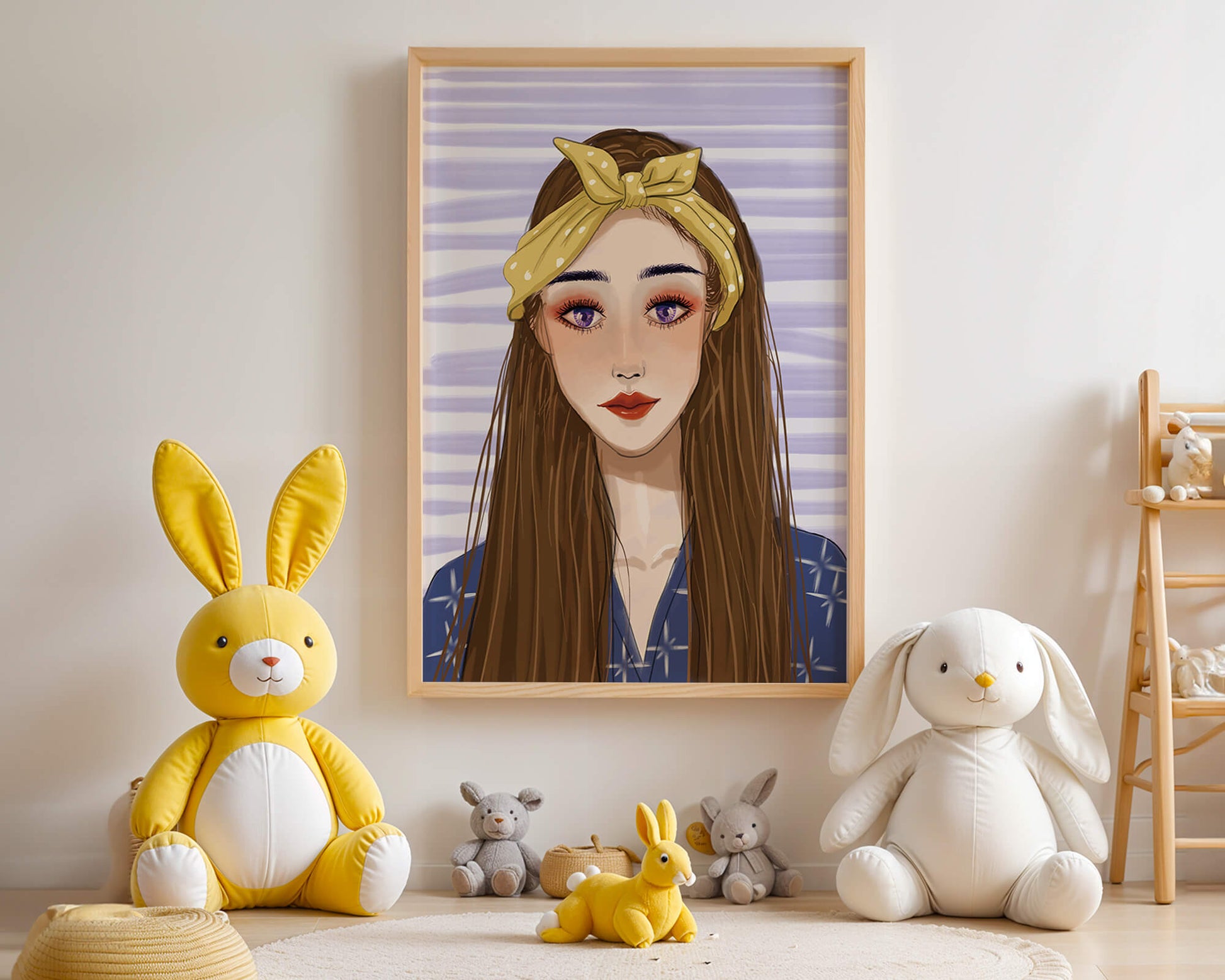 Illustration of a woman with a yellow headband against a striped background