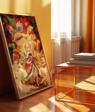 Colorful anime-inspired scene with a lion dance and festive character