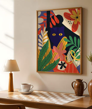 Ilustración abstracta colorida con un gato y patrones florales