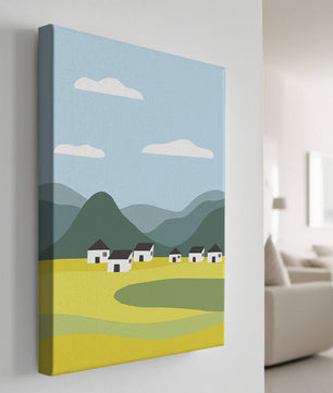 Pastoral Landscape with Mountains and Houses Under Blue Sky