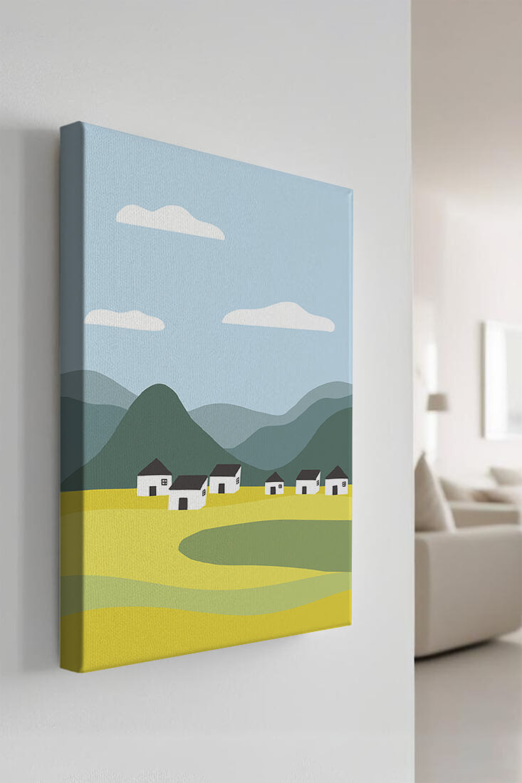 Pastoral Landscape with Mountains and Houses Under Blue Sky