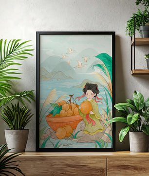 Paisaje sereno con una chica y una cesta de naranjas junto al agua