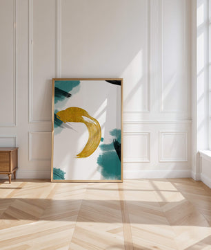 Abstract Gold and Teal Brush Strokes on White Background