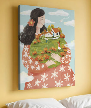 Femme fantaisiste tenant un paysage miniature avec famille et maisons