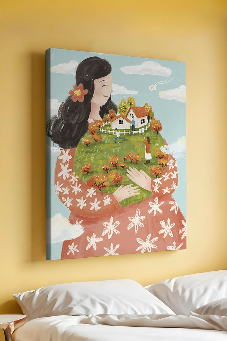 Whimsical Woman Holding Miniature Landscape with Family and Houses