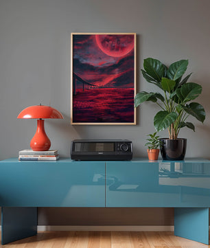 Surreal Scarlet Landscape with Bridge and Celestial Body