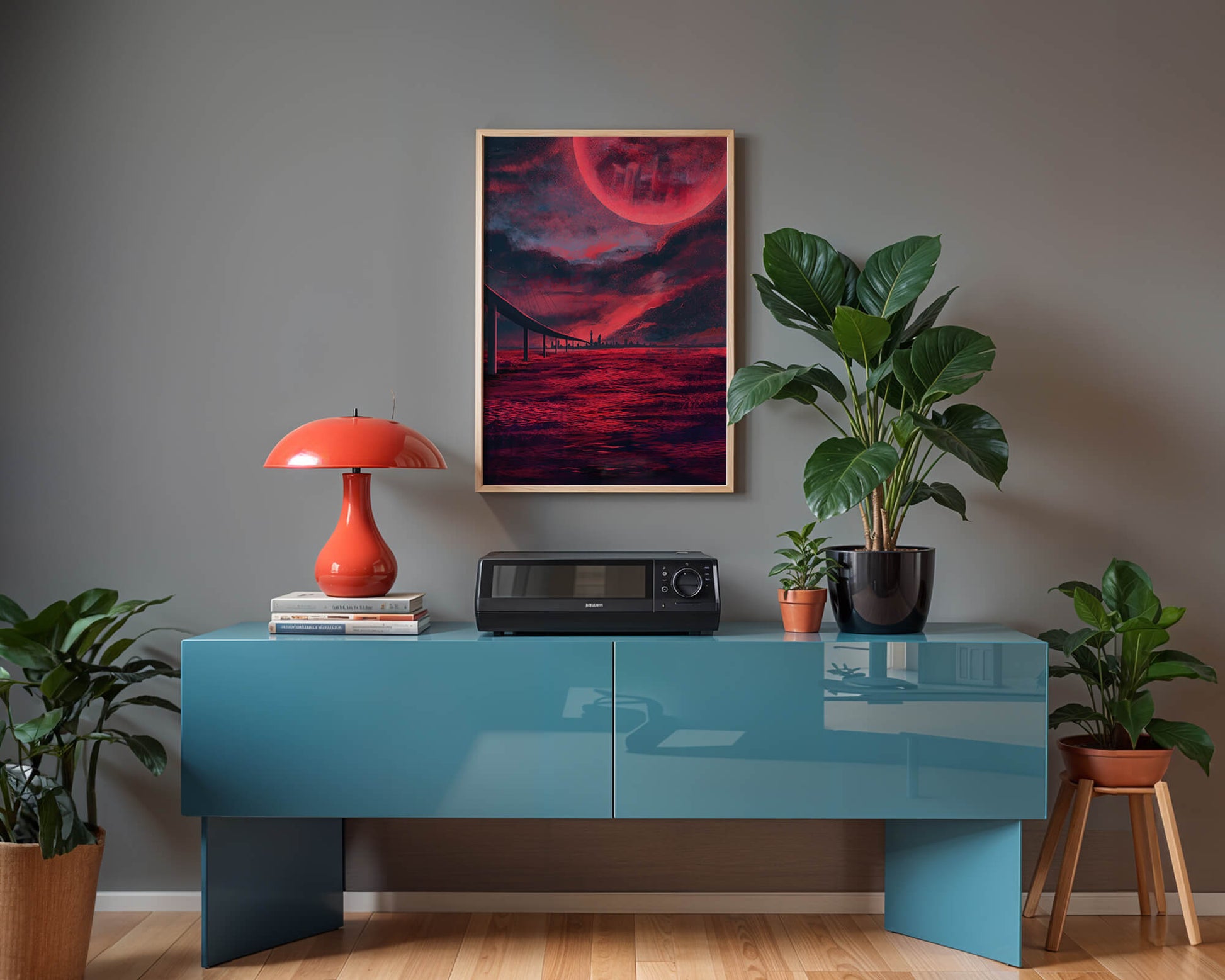 Surreal Scarlet Landscape with Bridge and Celestial Body