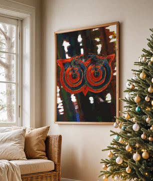 Abstract artwork featuring colorful geometric owl design