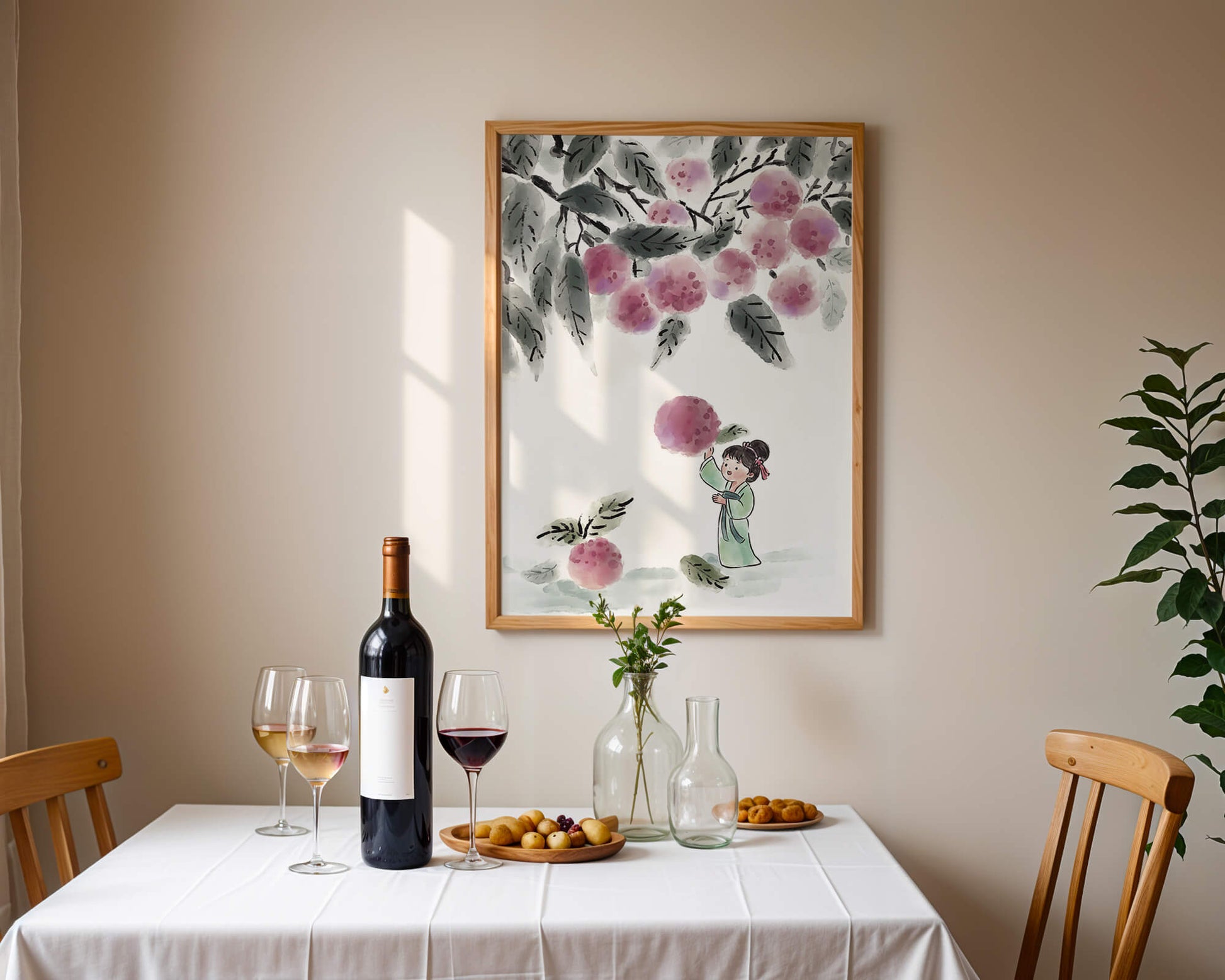 Ilustración encantadora de un niño con ropa tradicional, bayas vibrantes y hojas exuberantes