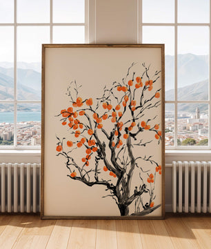 Elegant watercolor tree with vibrant orange fruit