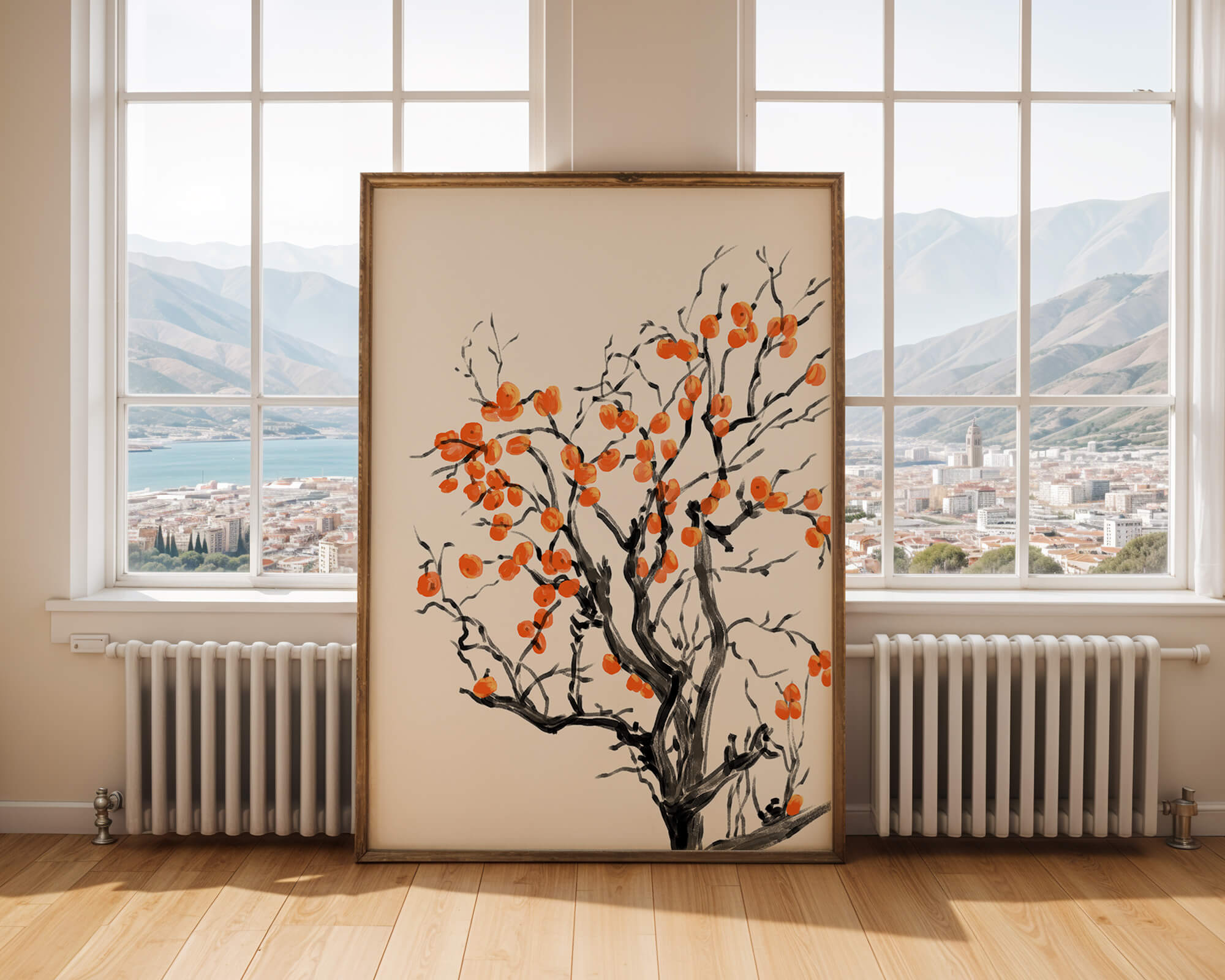 Elegant watercolor tree with vibrant orange fruit