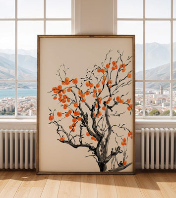 Elegant watercolor tree with vibrant orange fruit