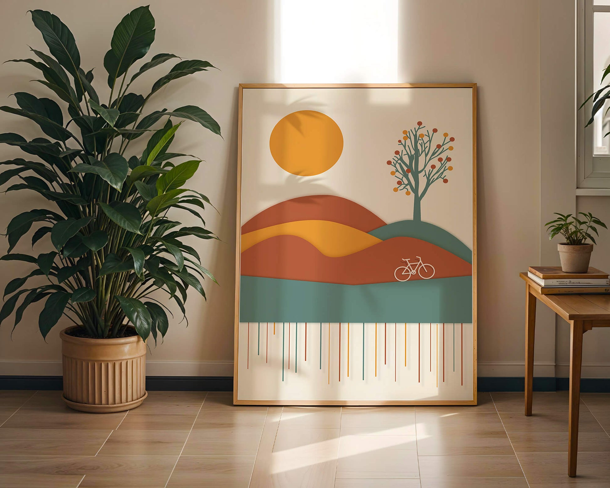 Abstract landscape with bicycle and tree in vibrant colors