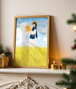 Young girl in a wheat field on a sunny day illustration