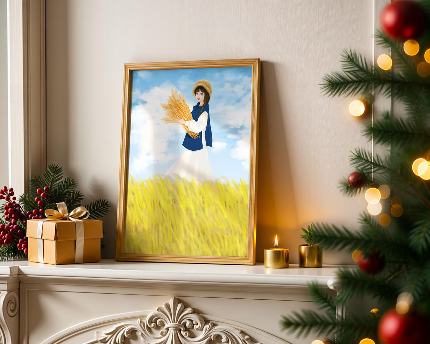 Young girl in a wheat field on a sunny day illustration