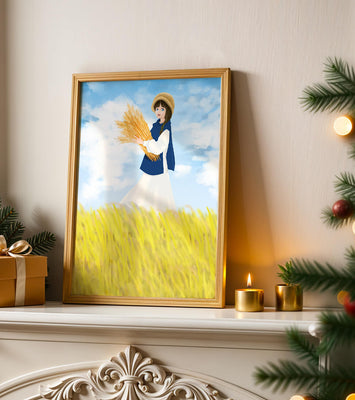Young girl in a wheat field on a sunny day illustration