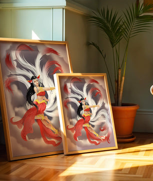 Graceful fantasy fox spirit with flowing tails and red attire in mystical clouds