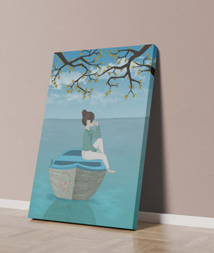 Chica relajándose en un bote bajo un árbol junto al agua