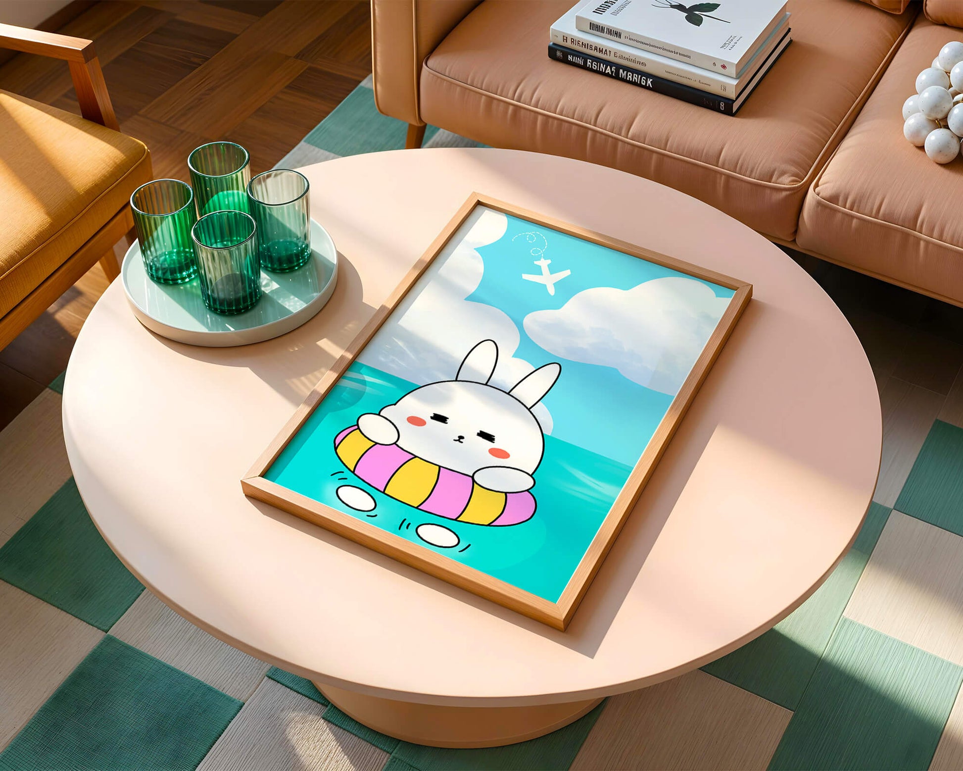 Illustration of a cute bunny floating on a colorful inflatable in a blue ocean under a bright sky with an airplane