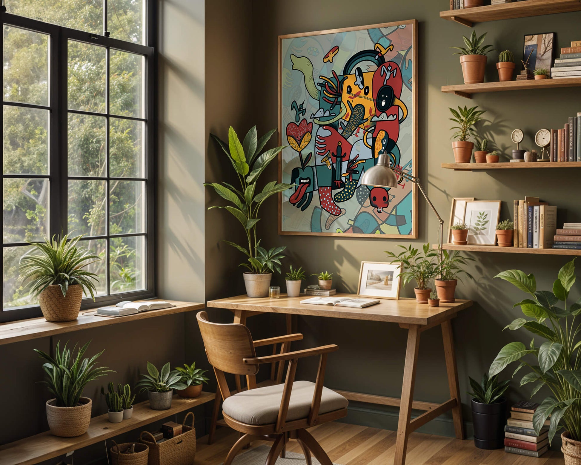 Composición artística surrealista abstracta con colores vibrantes