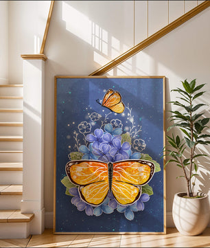 Bright butterfly with blue flowers on a starry background