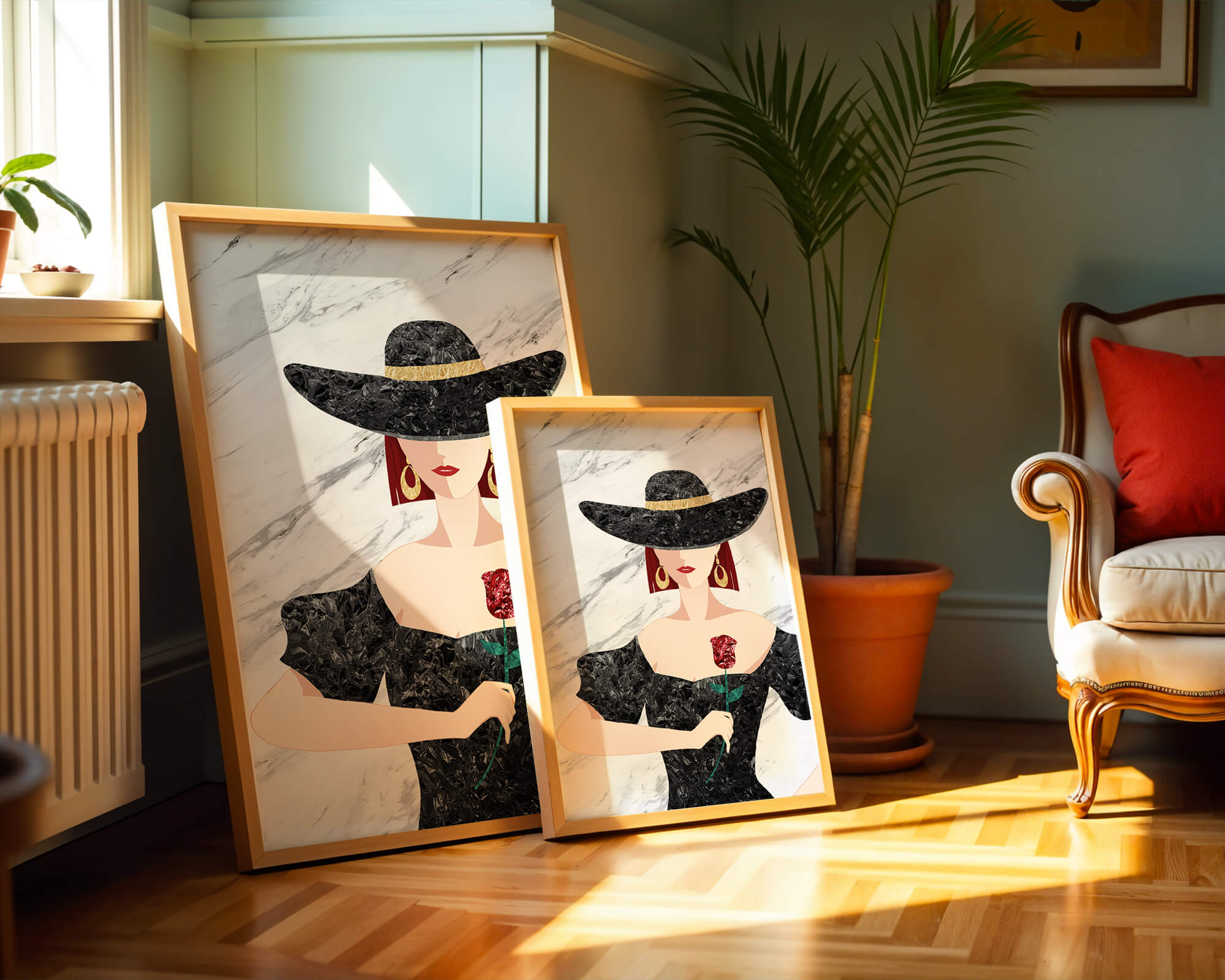 Elegant woman in wide-brimmed hat holding a rose on marble background