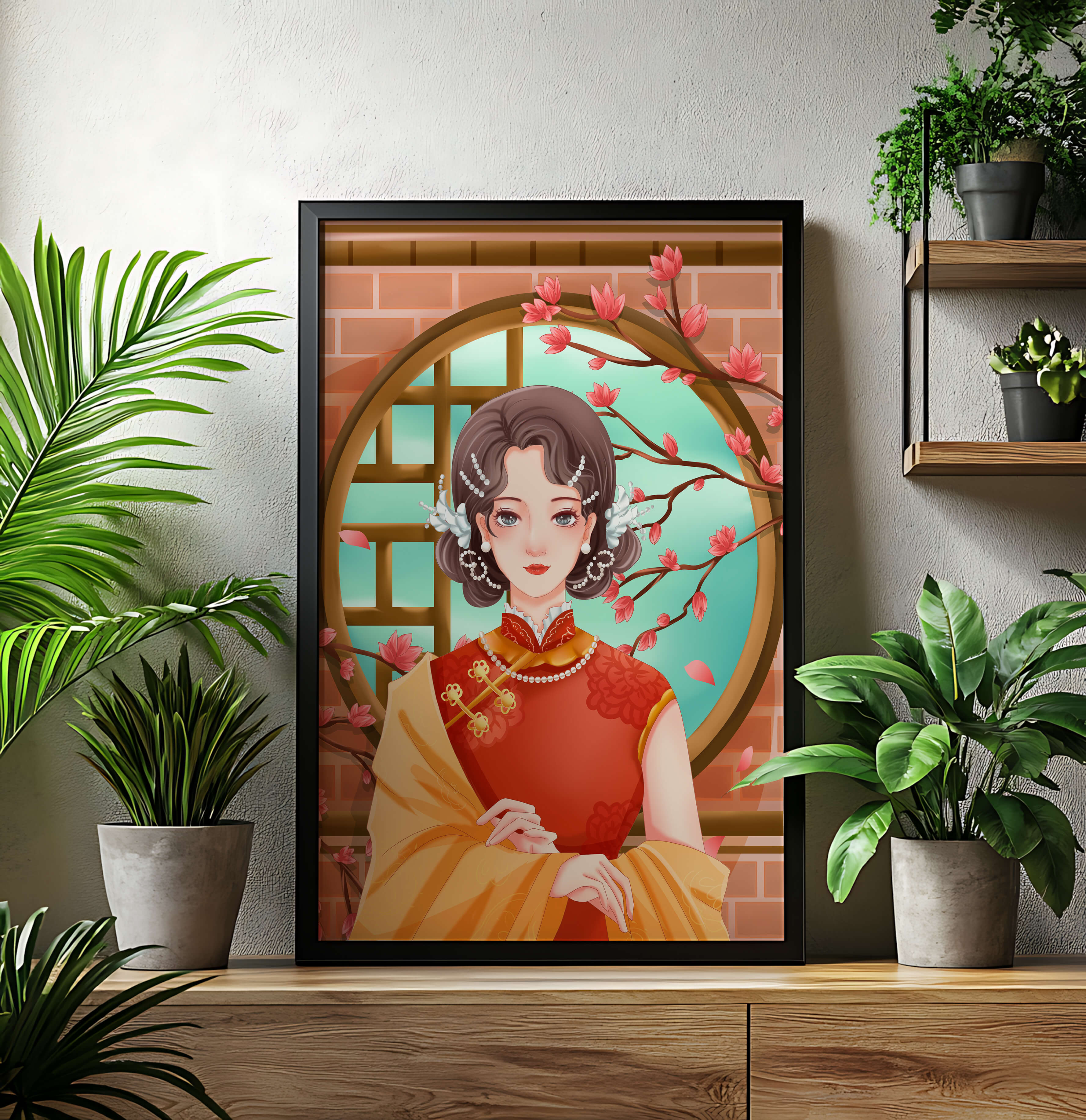 Elegant woman in traditional dress with floral background