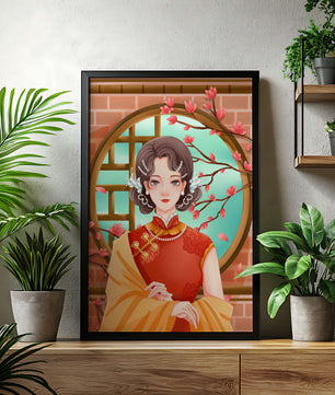 Elegant woman in traditional dress with floral background