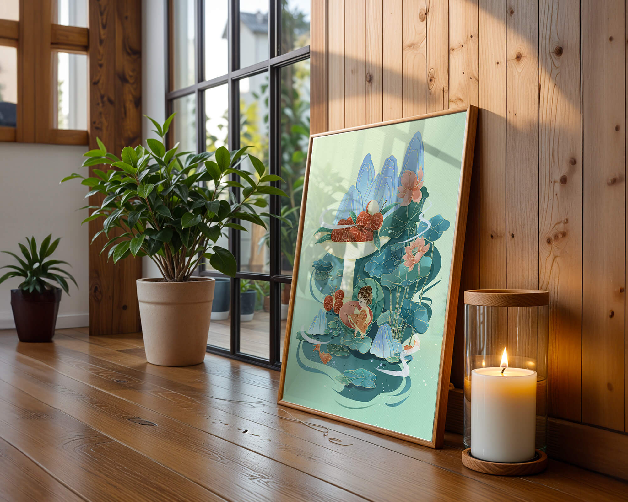 Whimsical illustration with girl, lychee, and lotus flowers