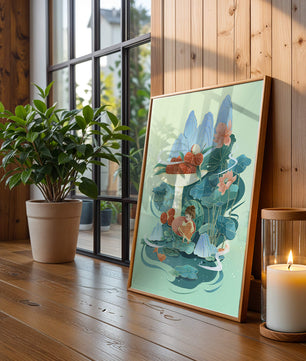 Whimsical illustration with girl, lychee, and lotus flowers