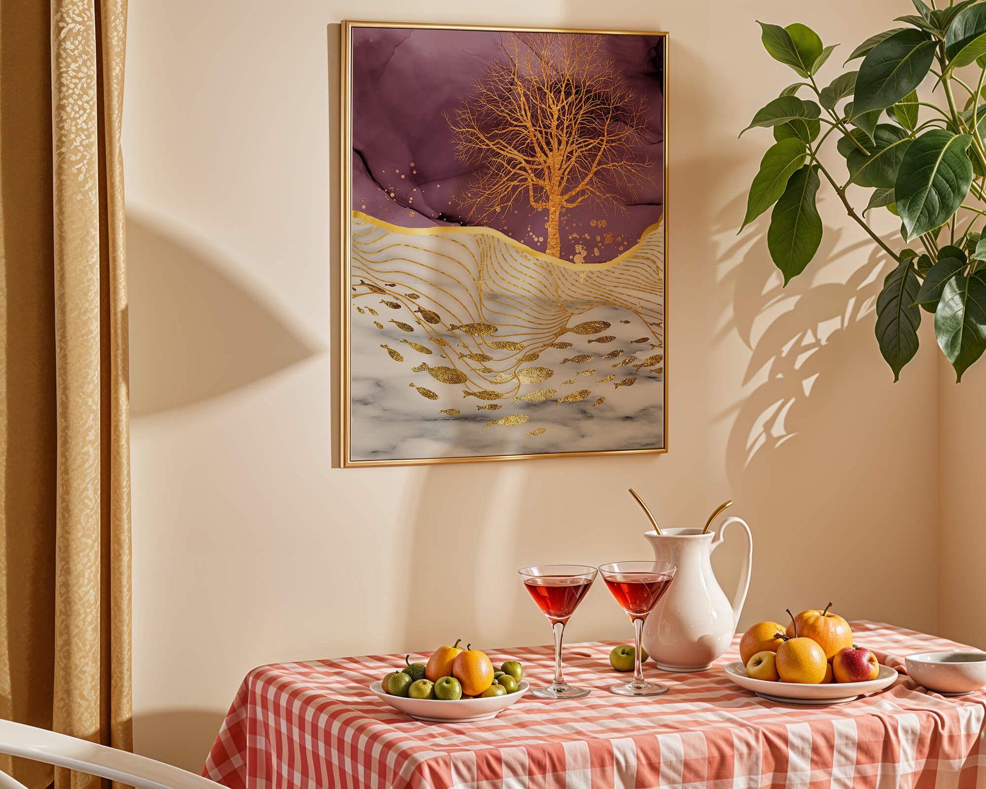 Abstract Tree with Gold Fish on Marble Background