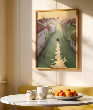 Escena de río tranquilo con arquitectura tradicional y atardecer