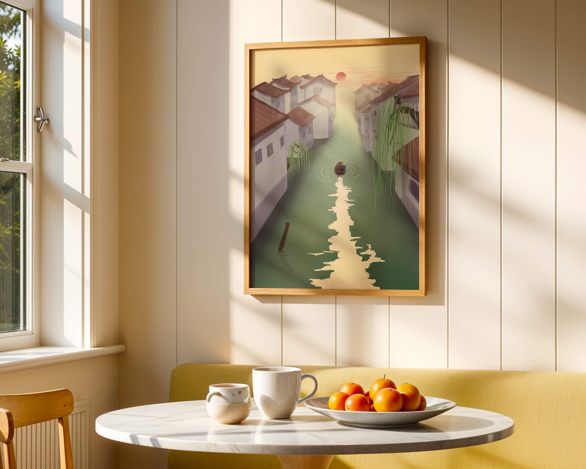 Tranquil river scene with traditional architecture and sunset